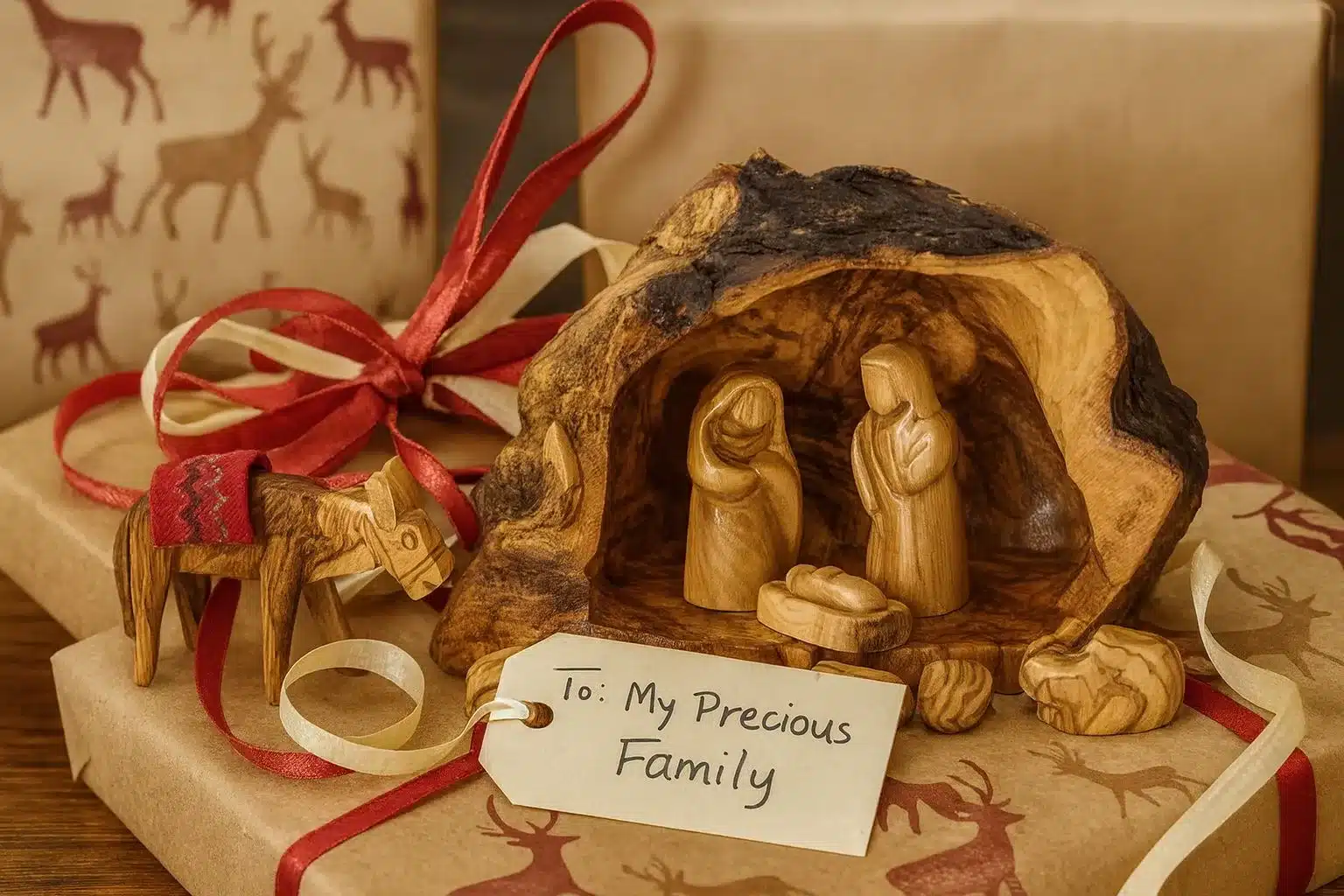 Carved olive wood nativity set from Bethlehem with donkey on gift wrap and ribbon.