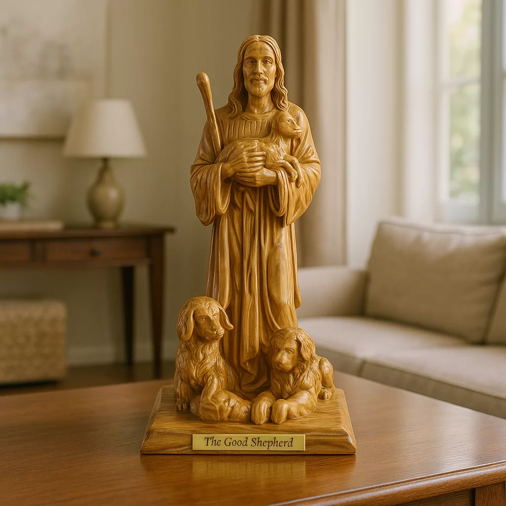 Modern Christian art sculpture in olive wood