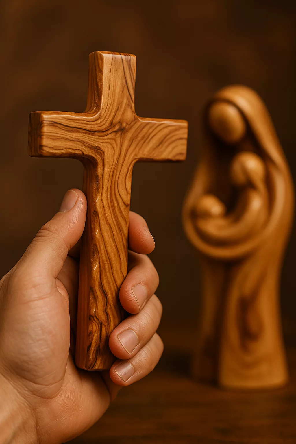 Cruz de madeira de oliveira com acabamento natural para devoção diária