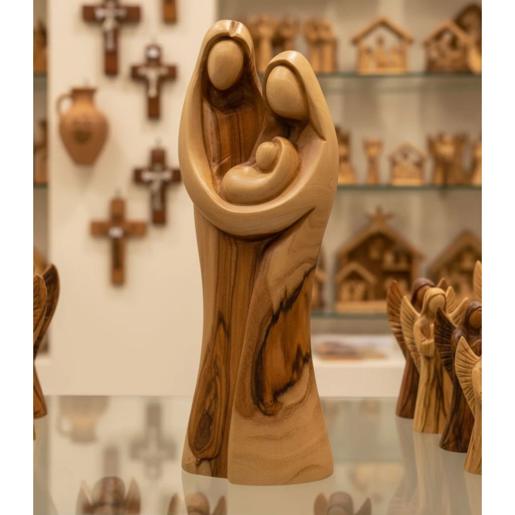 Escultura abstracta de la Sagrada Familia en madera de olivo realizada por artesanos de Belén