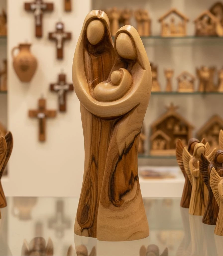 Abstract Olive Wood Holy Family sculpture crafted by Bethlehem artisans