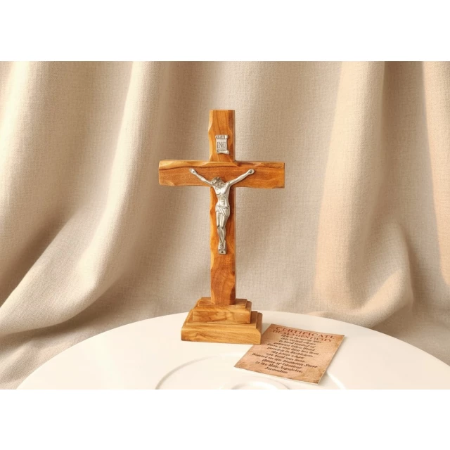 Handcrafted Olive Wood Crucifix from Bethlehem – Holy Land Tabletop Cross - Image 3