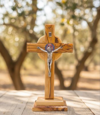 Hand-carved Bethlehem crucifix displayed as religious gift and home prayer altar centerpiece