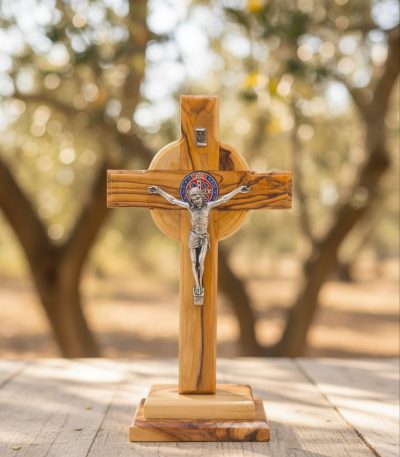 Hand-carved Bethlehem crucifix displayed as religious gift and home prayer altar centerpiece