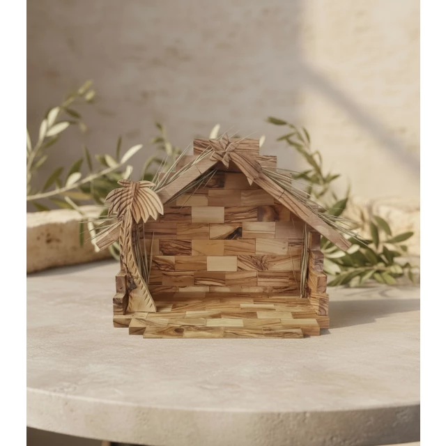 Hand-carved olive wood nativity figures showing authentic Bethlehem craftsmanship and natural wood grain