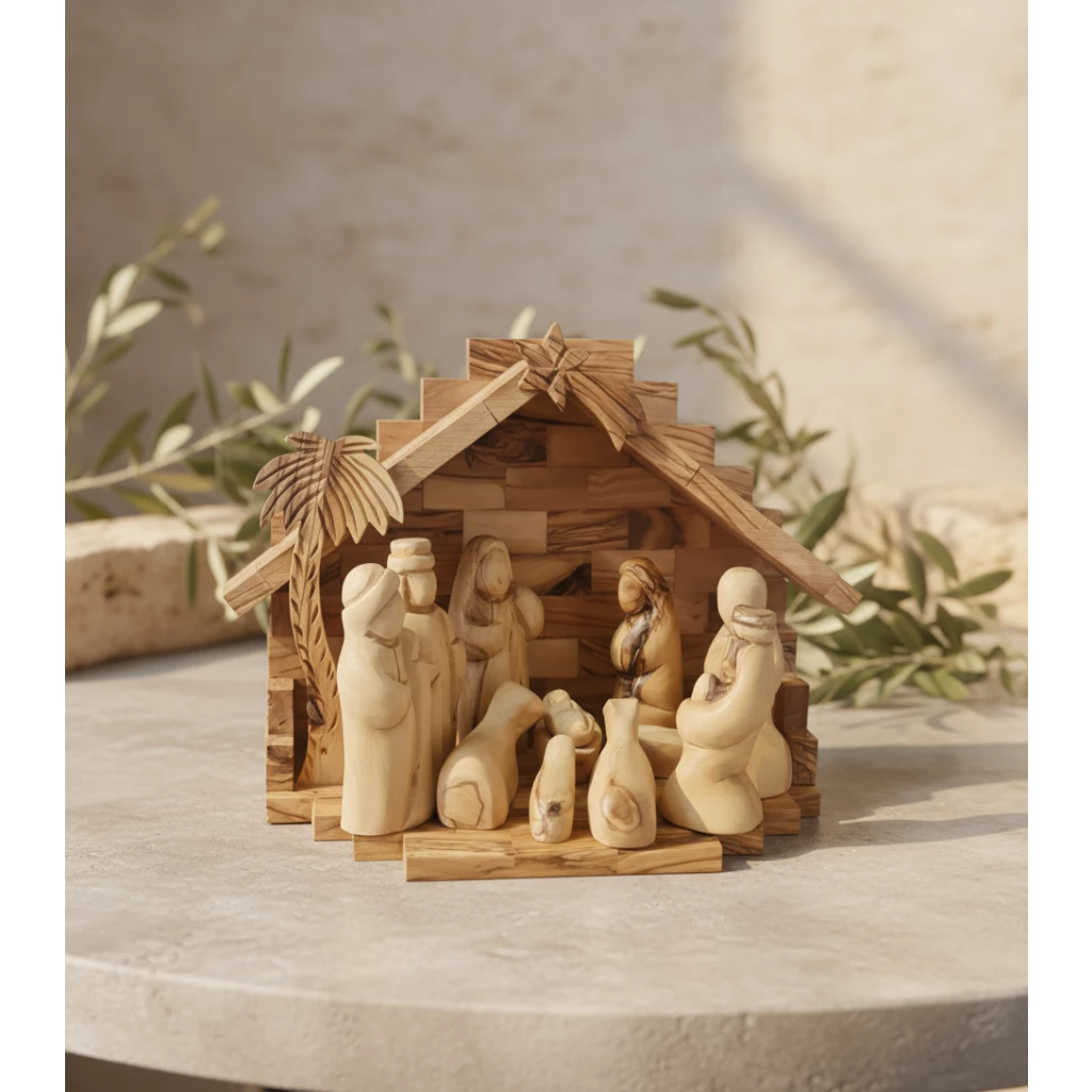 Interior of olive wood nativity barn showing detailed wooden construction and arranged figures