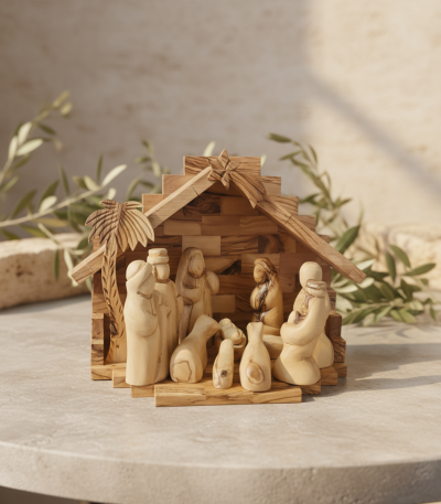 Interior of olive wood nativity barn showing detailed wooden construction and arranged figures