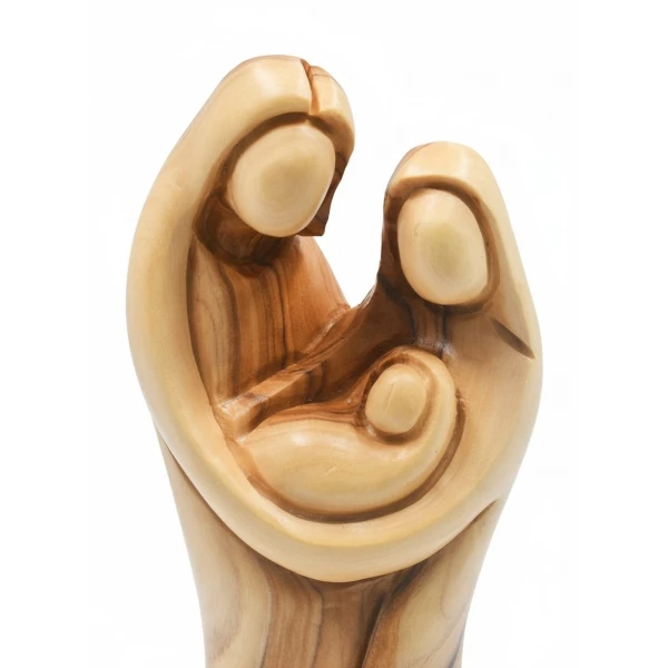 Olive Wood Holy Family close-up showing detailed carving and natural wood grain