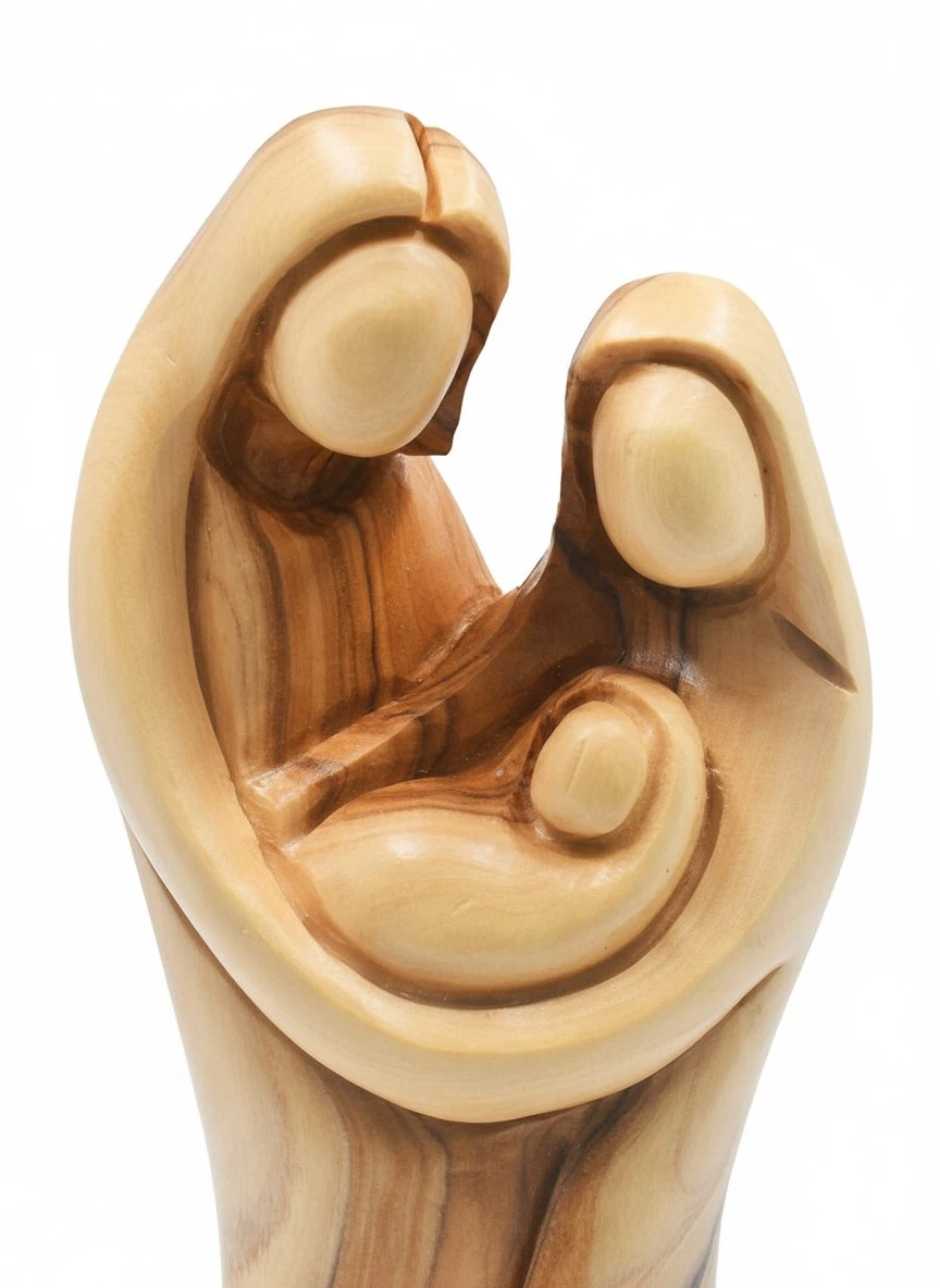 Olive Wood Holy Family Statue – Exquisite Handmade Sculpture from Bethlehem Olive Wood Holy Family close-up showing detailed carving and natural wood grain