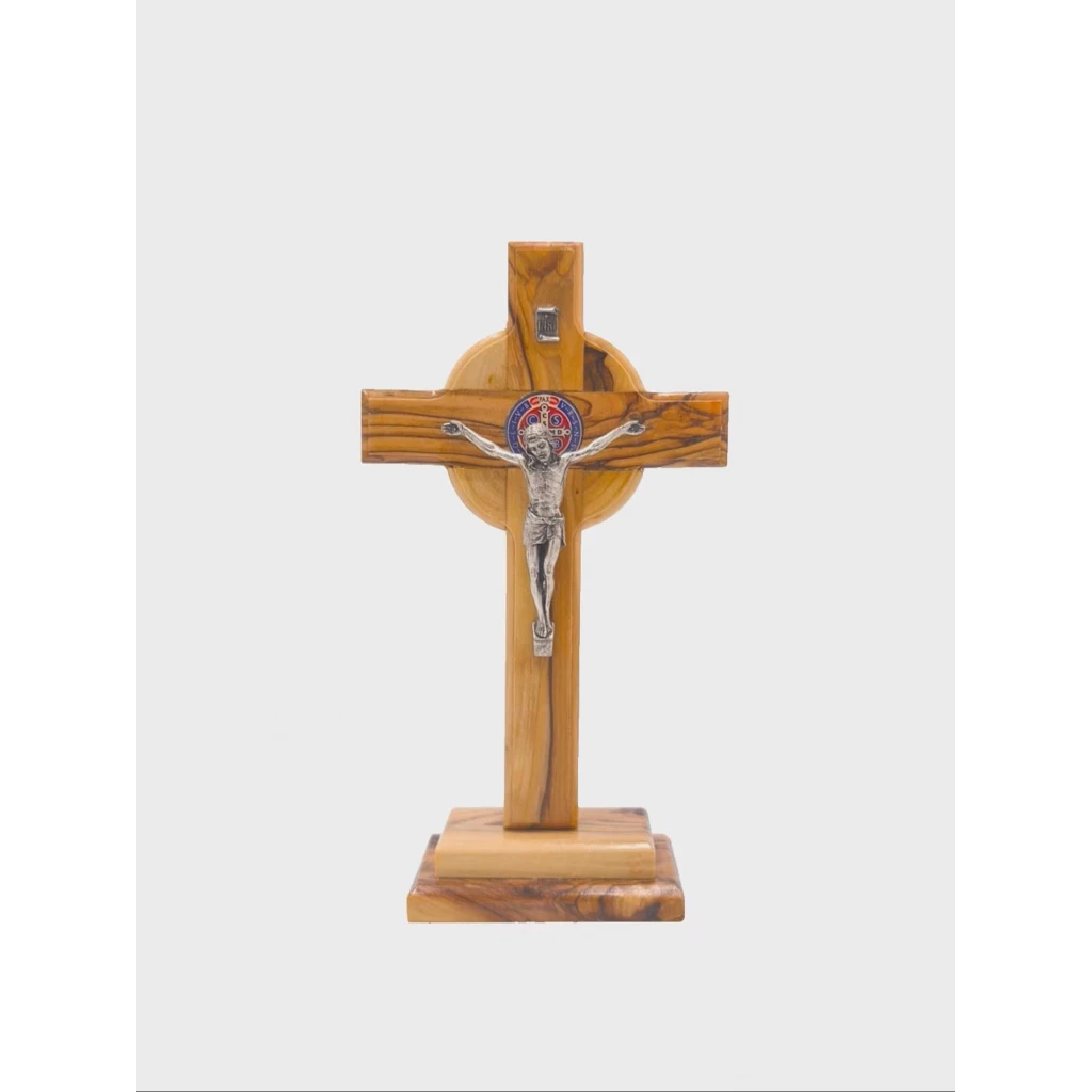 Hand-carved Bethlehem crucifix with metal figure from authentic olive wood, handmade in Holy Land