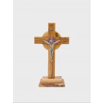 Hand-carved Bethlehem crucifix with metal figure from authentic olive wood, handmade in Holy Land
