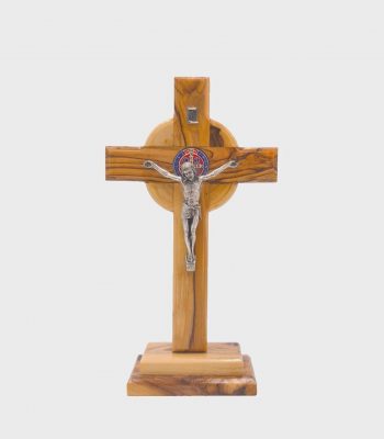 Hand-carved Bethlehem crucifix with metal figure from authentic olive wood, handmade in Holy Land