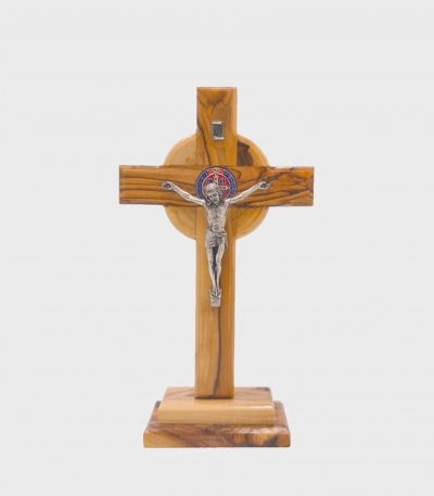 Hand-carved Bethlehem crucifix with metal figure from authentic olive wood, handmade in Holy Land
