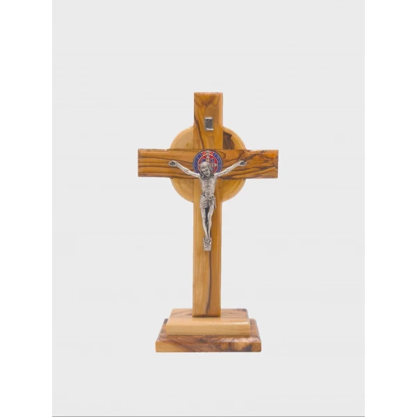 Hand-carved Bethlehem crucifix with metal figure from authentic olive wood, handmade in Holy Land