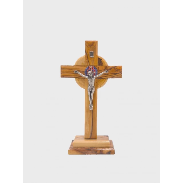 Hand-carved Bethlehem crucifix with metal figure from authentic olive wood, handmade in Holy Land