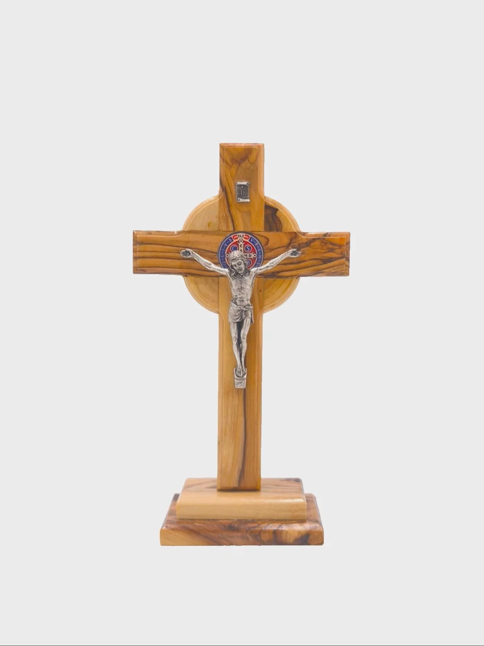 Olive wood crucifix with metal Christ figure on natural wooden base Hand-carved Bethlehem crucifix with metal figure from authentic olive wood, handmade in Holy Land