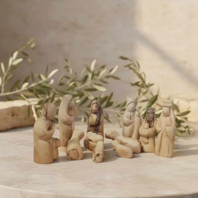 Olive wood nativity set displayed on table with olive branches as Christmas religious gift and home altar centerpiece