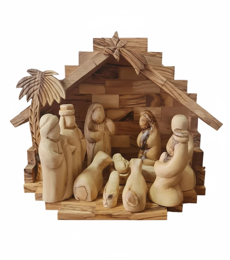 Olive wood nativity set with hand-carved figures Olive wood nativity set with hand-carved figures, wooden barn stable, and palm leaves from Bethlehem
