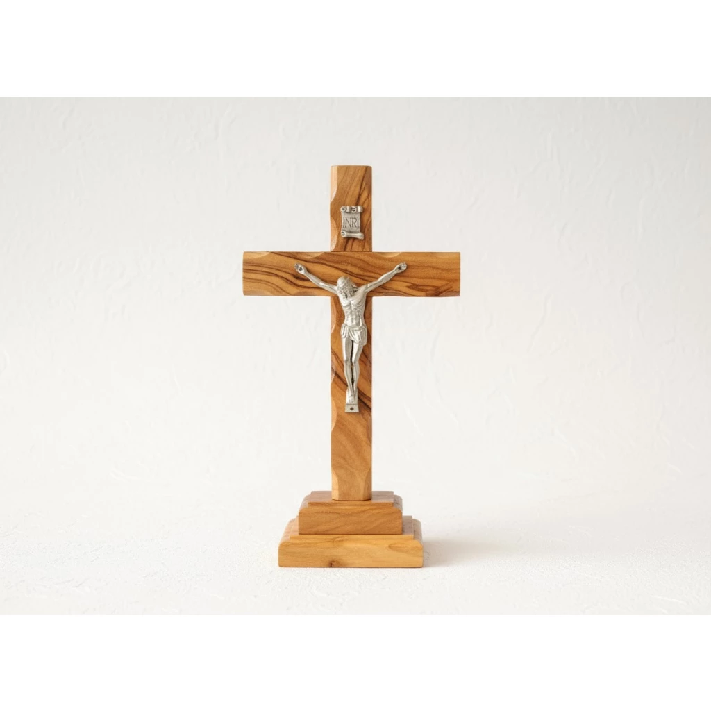 olive wood crucifix from Bethlehem with silver corpus on tabletop base