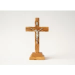 olive wood crucifix from Bethlehem with silver corpus on tabletop base