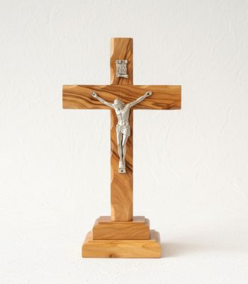 olive wood crucifix from Bethlehem with silver corpus on tabletop base