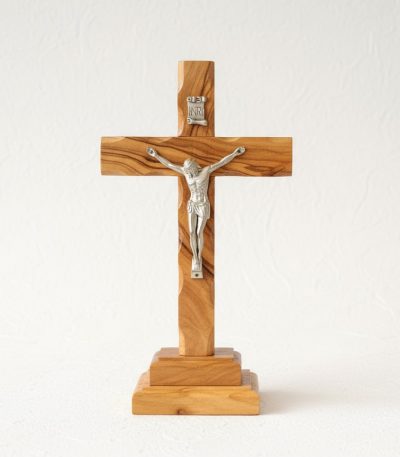 olive wood crucifix from Bethlehem with silver corpus on tabletop base