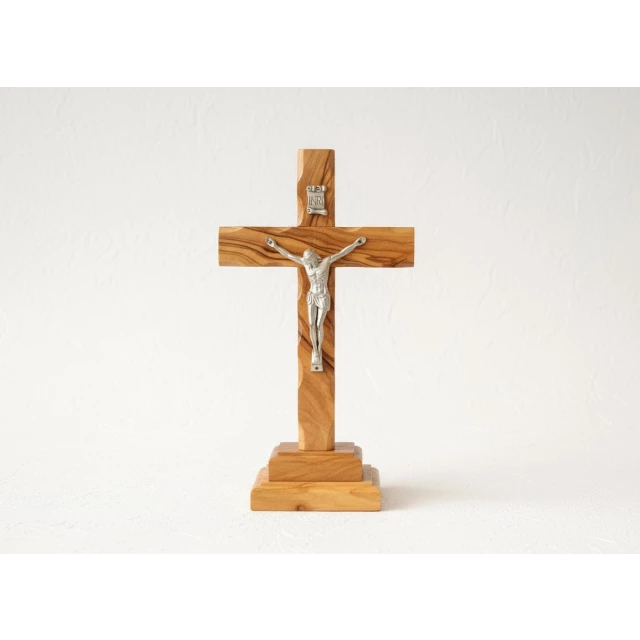 olive wood crucifix from Bethlehem with silver corpus on tabletop base