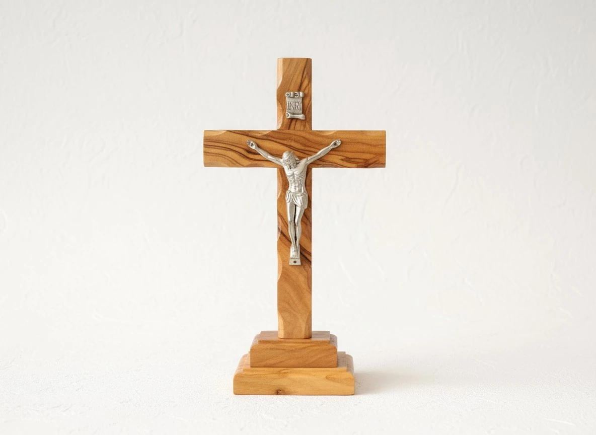 olive wood crucifix from Bethlehem with silver corpus on tabletop base olive wood crucifix from Bethlehem with silver corpus on tabletop base