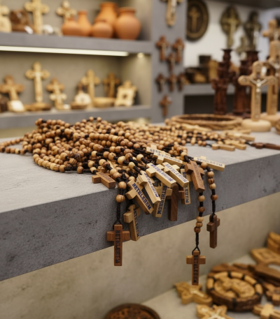 Detail of Bethlehem engraved wooden cross on olive wood rosary