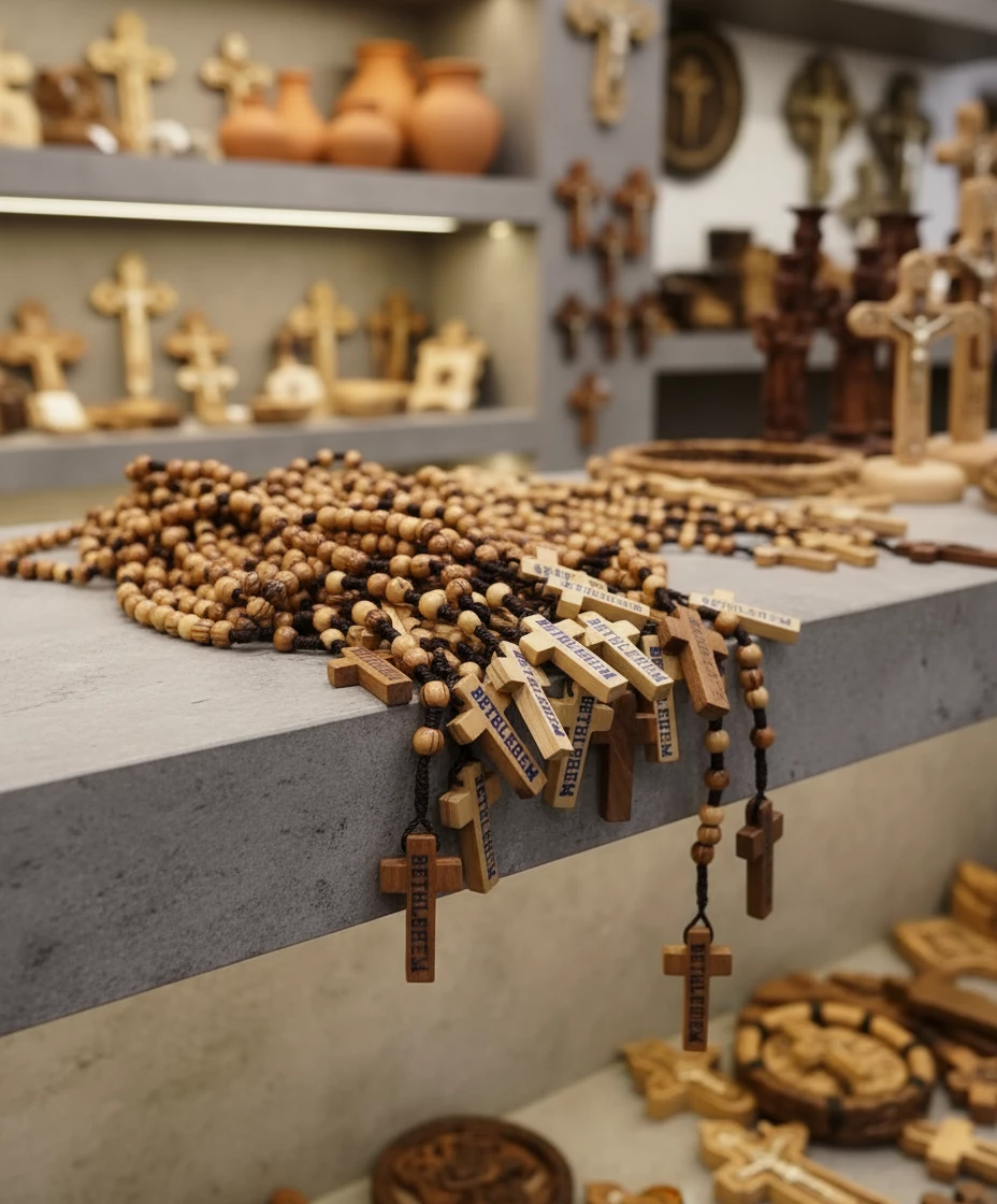 Detail of Bethlehem engraved wooden cross on olive wood rosary
