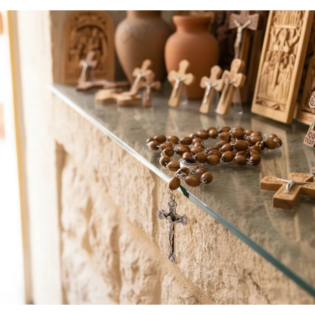 Detail of metal crucifix and centerpiece medal on olive wood metal rosary showing Holy Land craftsmanship