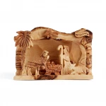 Hand-carved Bethlehem scene nativity with all figures carved in relief from olive wood