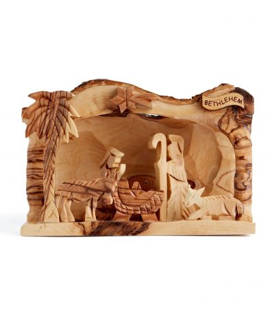 Hand-carved Bethlehem scene nativity with all figures carved in relief from olive wood