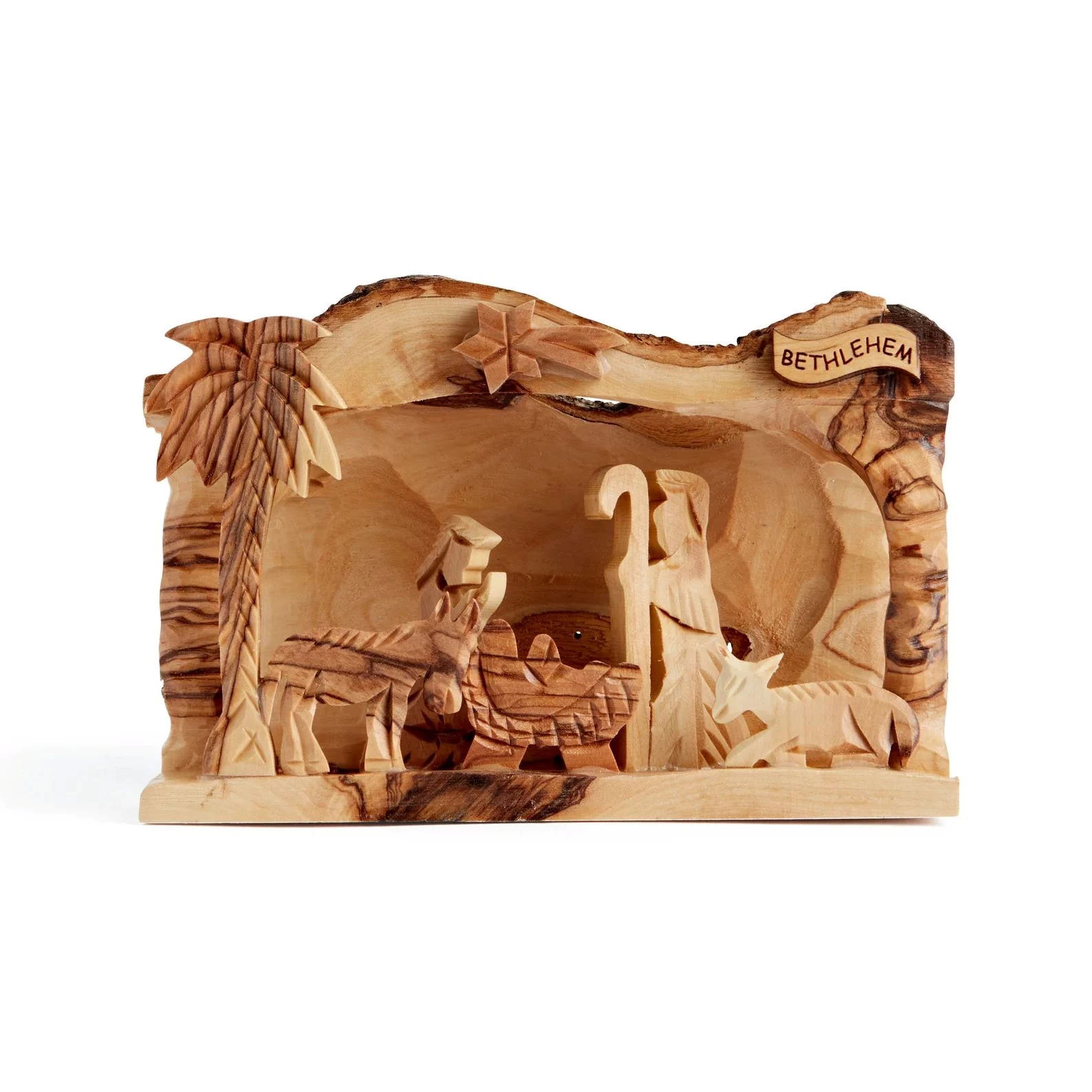 Hand-carved Bethlehem scene nativity with all figures carved in relief from olive wood Hand-carved Bethlehem scene nativity with all figures carved in relief from olive wood