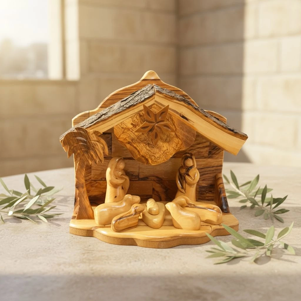 Hand-carved nativity figurines showing authentic wooden nativity scene detail