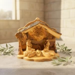 Hand-carved nativity figurines showing authentic wooden nativity scene detail