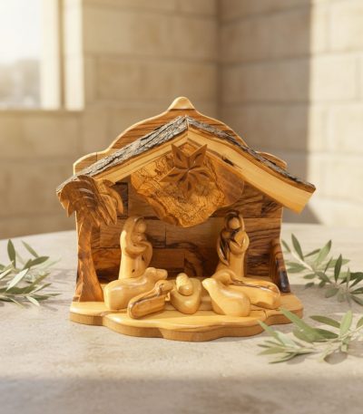Hand-carved nativity figurines showing authentic wooden nativity scene detail