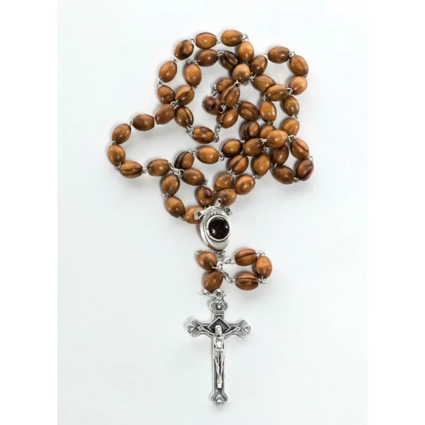 Olive wood metal rosary with polished oval beads and metal crucifix displayed on white background