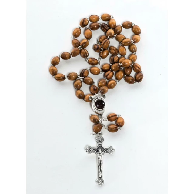 Olive wood metal rosary with polished oval beads and metal crucifix displayed on white background