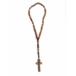 Olive wood rosary with Bethlehem cross displayed on white background