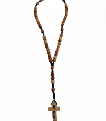 Olive wood rosary with Bethlehem cross displayed on white background