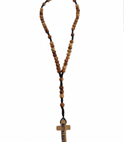 Olive wood rosary with Bethlehem cross displayed on white background