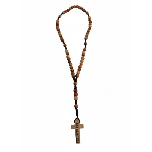 Olive wood rosary with Bethlehem cross displayed on white background