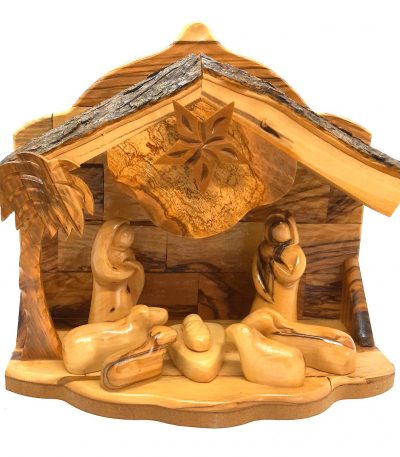 Wooden nativity set with hand-carved figures and manger scene barn from Bethlehem