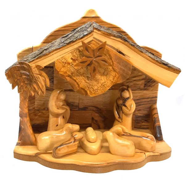 Wooden nativity set with hand-carved figures and manger scene barn from Bethlehem